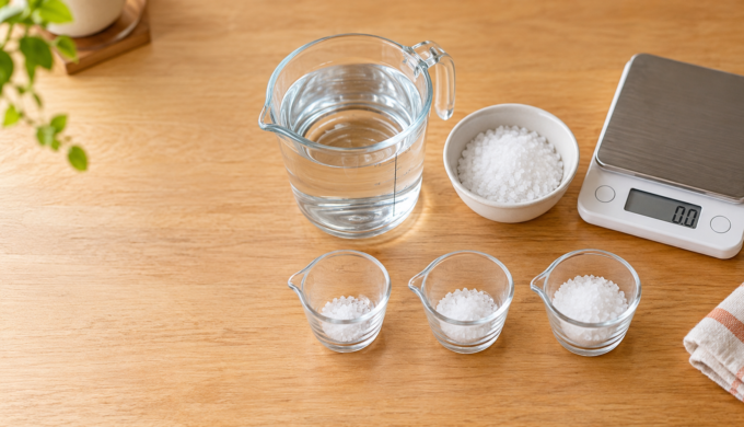 塩水の濃度計算に使う水と塩とキッチンスケール