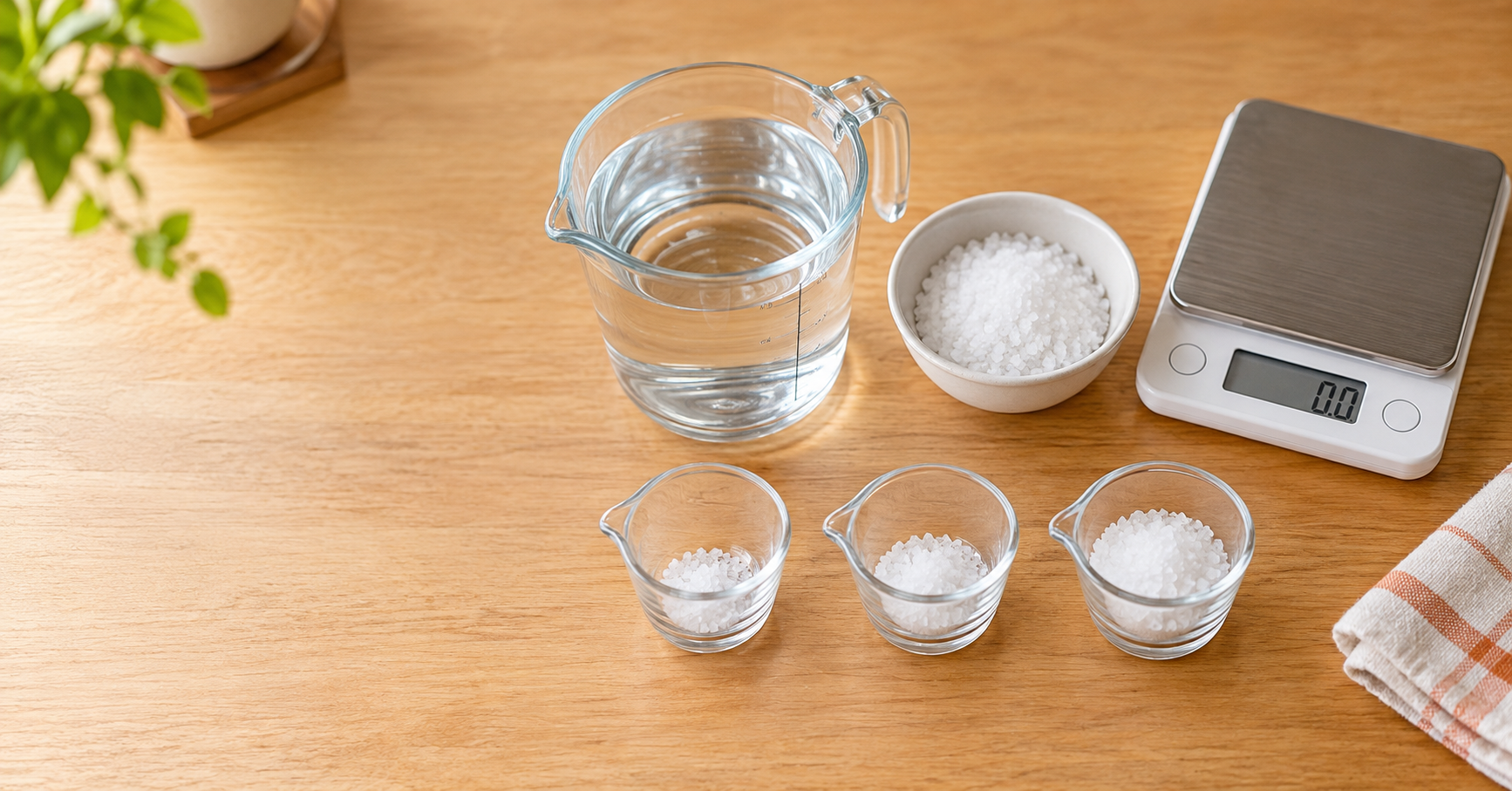塩水の濃度計算に使う水と塩とキッチンスケール