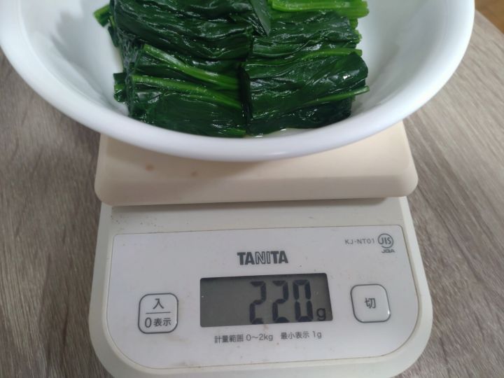 茹で上がりのほうれん草一袋の重さ
